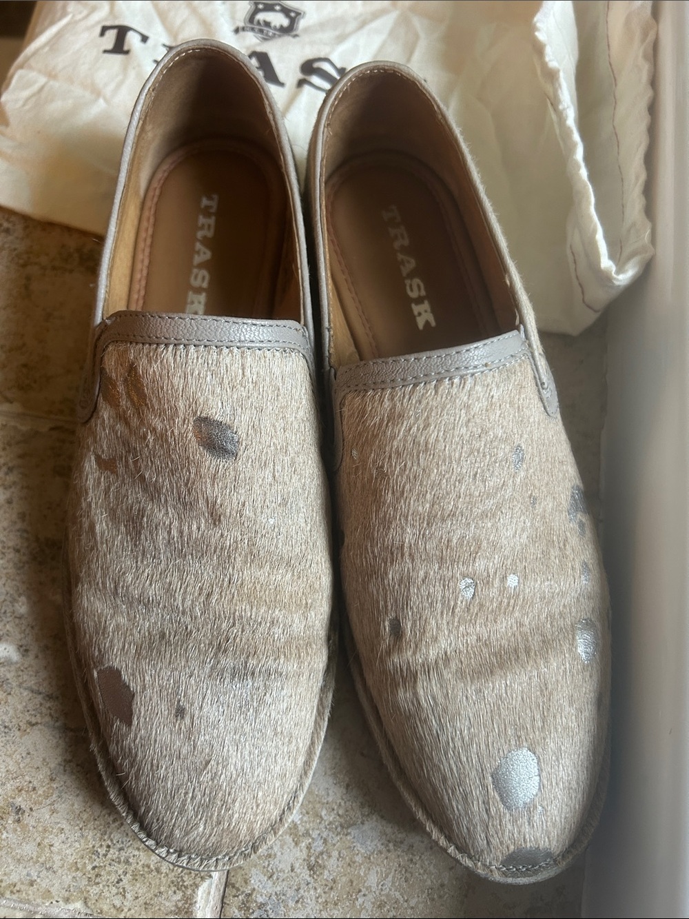 Trask Beige Calf Hair Loafers with Metallic Silver Spots